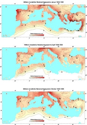 Mittlere monatliche Niederschlagssummen für Januar, April und Oktober im Untersuchungszeitraum 1948 bis 1998. Grafik: Hertig
