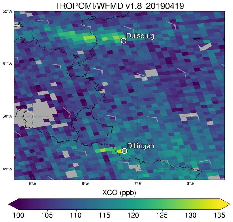 Kohlenstoffmonoxid (CO)-Abgasfahnen de Stahlstandorte Duisburg und Dillingen, erfasst im April 2019 von Sentinel-5P. Illustration: Andrea Kaiser / DWD