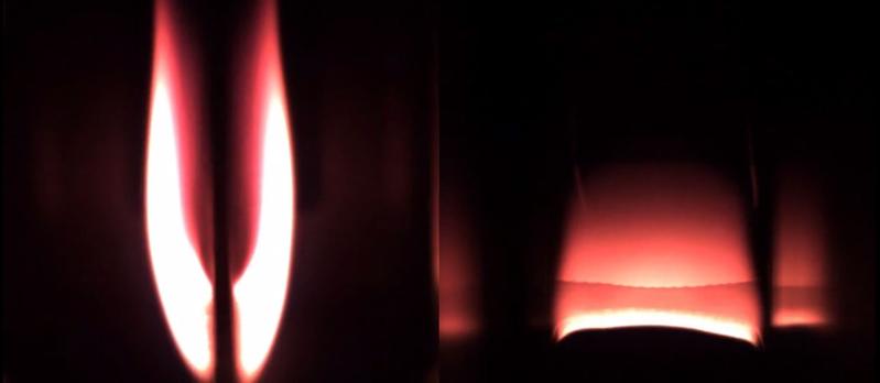 The image shows an ignited acrylic glass sheet during a microgravity experiment in the Drop Tower Bremen (left: sideview; right: front view).