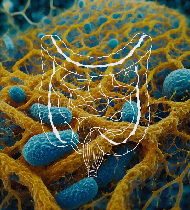 Darmbiofilme - in einer Matrix eingeschlossene Bakterien, die die Schleimschicht des menschlichen Darms besiedeln.