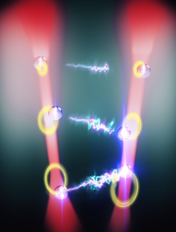 Wissenschaftliche Illustration des Experiments, bei dem zwei Teilchen in zwei Laserstrahlen durch das zwischen ihnen gestreute Licht nicht reziprok gekoppelt werden.