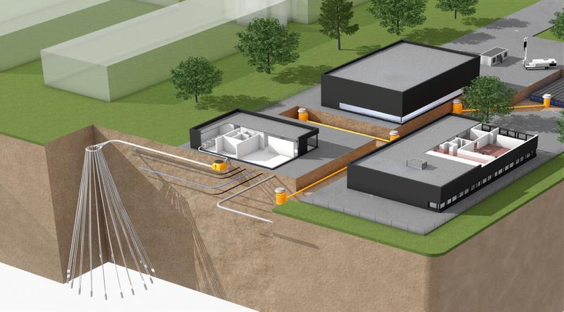 Computerskizze GeoStar: Durch die Schrägbohrtechnik erreichen die Erdwärmesonden auf Wärmereservoire unterhalb von bestehenden Gebäuden, hier am Beispiel des Institutsgebäudes des Fraunhofer IEG.