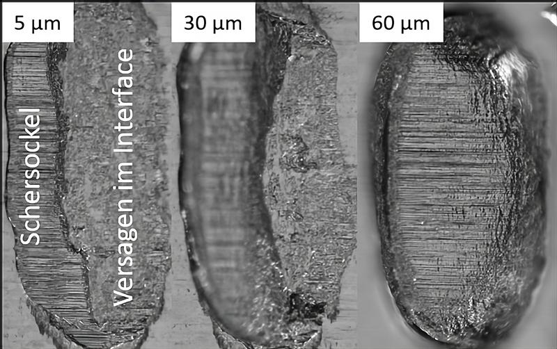 Draufsicht auf abgescherte Al H11 Wedges mit 5, 30 und 60 µm Scherhöhe. Zu sehen ist, wie sich das Verhältnis von Schersockel zu Versagen im Interface (der Schercode) ändert. 