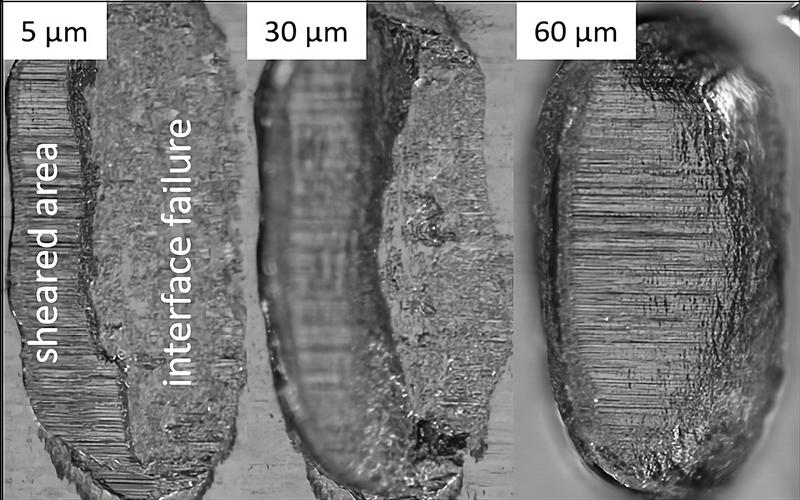 Top view of sheared Al H11 wedges with 5, 30 and 60 µm shear height. You can see how the ratio of shear base to failure in the interface (the shear code) changes. 
