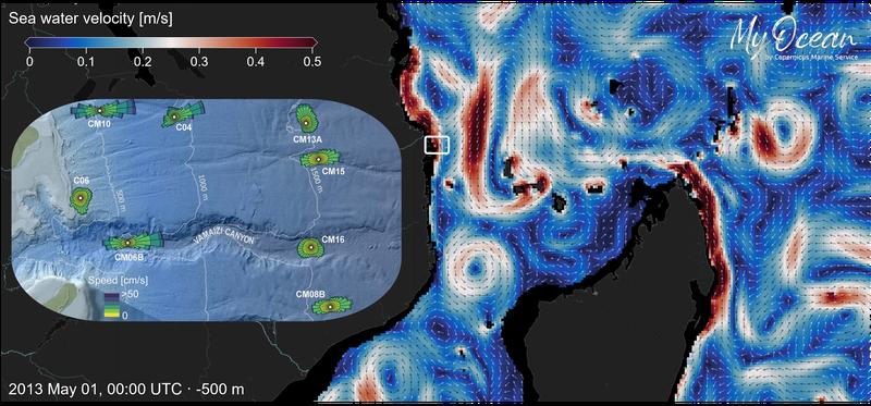 Bottom currents measured with moorings show how even small-scale topography strongly steers and funnels flows near the seafloor.