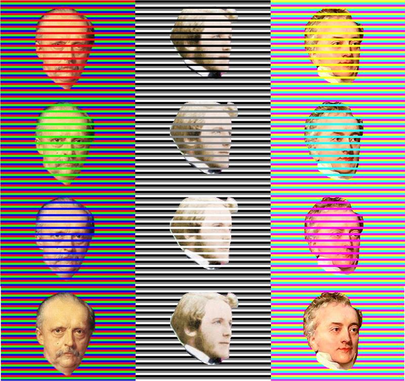 Version der Konfetti-illusion mit den Gesichtern der Wissenschaftler Hermann Helmholtz, James Clerk Maxwell und Thomas Young.