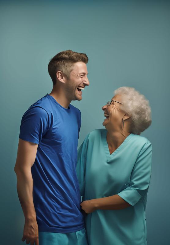 Pfleger und Patientin lachen gemeinsam