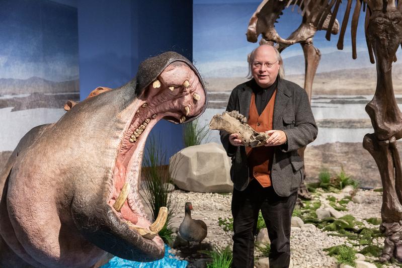 rem-Generaldirektor Professor Wilfried Rosendahl bei der Präsentation spektakulärer Forschungsergebnisse: Noch vor 35.000 Jahren tummelten sich Flusspferde im Rhein.