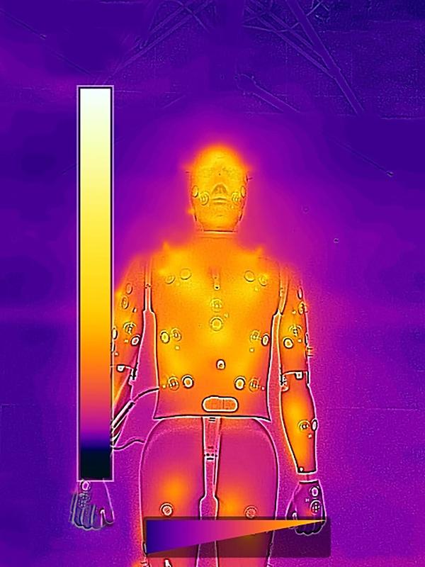 Die Wärmebildkamera macht es sichtbar: Der Körper des Manikin «HVAC» (gelb-orange) wird mittels einer OP-Lampe auf wohlige Temperaturen gewärmt, während die Umgebung (violett) kühl bleibt. 