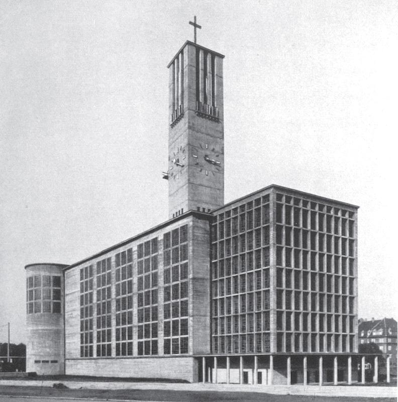 Die Dortmunder Nicolaikirche zählt zu den herausragenden Bauwerken, die Peter Grund geplant hat. Sie war deutschlandweit die erste Sichtbetonkirche und wurde 1929/30 gebaut. Das Bild zeigt sie unmittelbar nach der Fertigstellung.