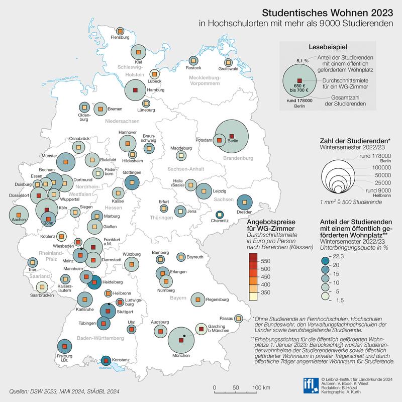 Die IfL-Karte bietet einen Überblick des öffentlich geförderten Wohnraums für Studierende in deutschen Hochschulorten