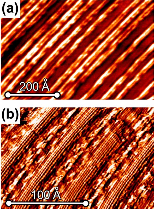 "Nanodrähte" aus Gold, die durch Selbstorganisation der Goldatome auf einer Wolframcarbidoberfläche entstanden sind. Erstmals konnten hier Quanteneffekte nachgewiesen werden.