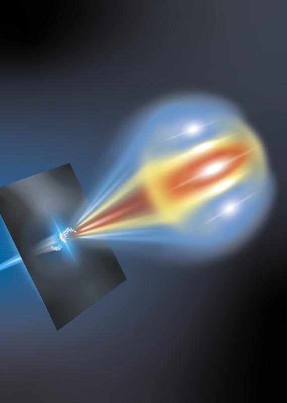 Ein strukturierter Elektronenstrahl durchdringt eine Metallfolie von links nach rechts und erzeugt dabei eine kohärente optische Übergangsstrahlung. 