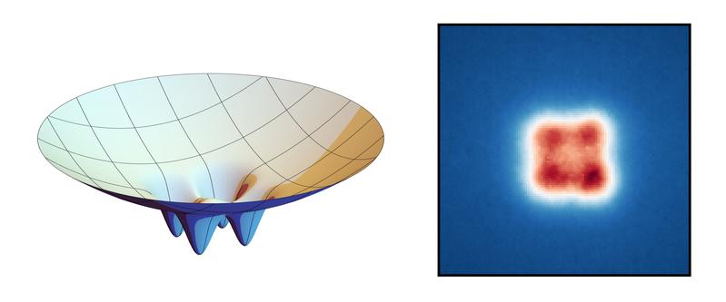 By creating indents on the reflective surfaces (shown on the left in an exaggerated form; the reflective surface is facing upwards), the researchers were able to imprint a structure onto the photon condensate (right). 