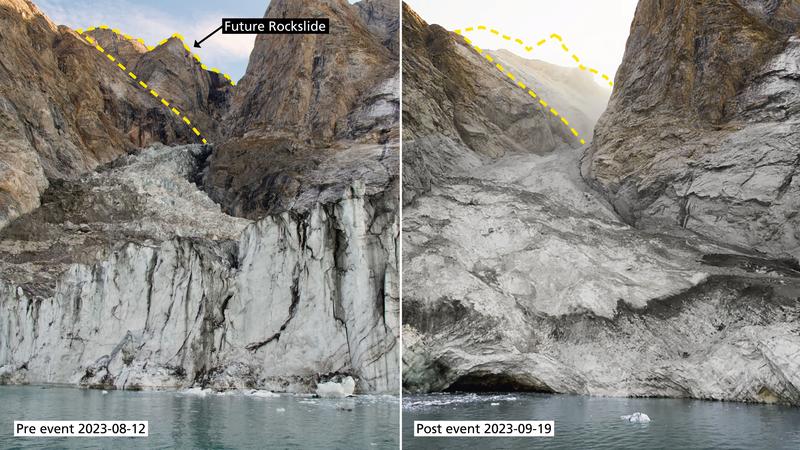 Aufnahmen des Berggipfels und des Gletschers vor und nach dem Erdrutsch, der ein weltweit erkennbares seismisches Signal auslöste.