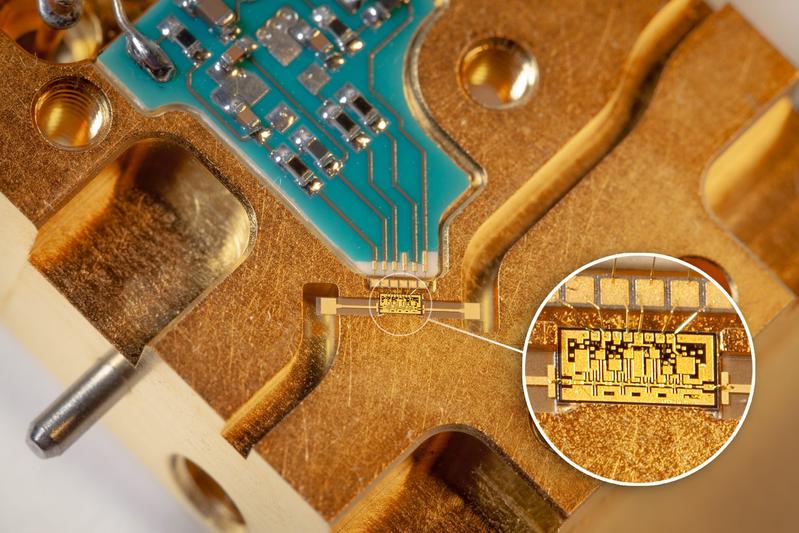 Close-up of the 89 GHz LNA MMIC integrated into the respective AWS microwave radiometer LNA module 