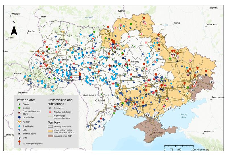 Die Karte bildet alle Stromerzeugungs- und -übertragungsanlagen des ukrainischen Stromsystems im Februar 2022 sowie die militärischen Angriffe bis zum 6. Juni 2023 ab.