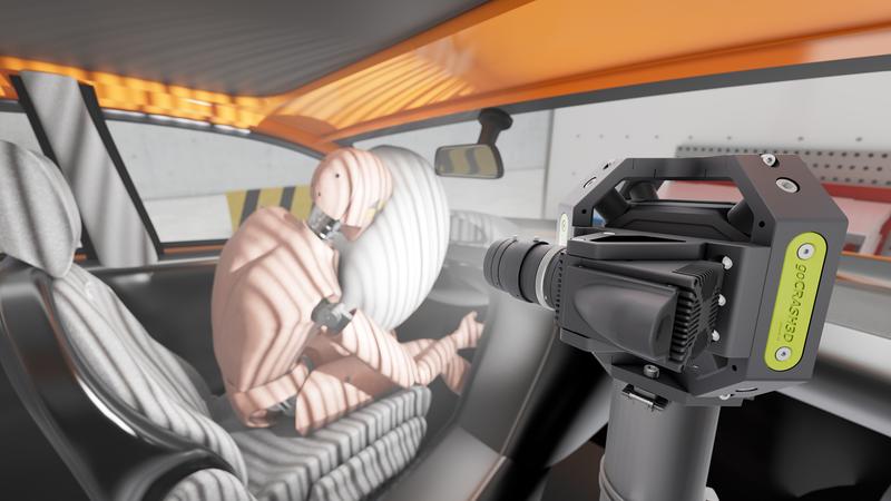 goCRASH3D (rechts) schaut mit seinen Kameras auf den Dummy. Die Auflösung der beiden 2D-Kameras ist jeweils 512 x 512 Pixel.