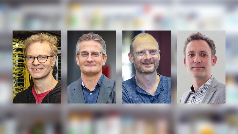 Sie laden zu der Bioinformatik-Konferenz nach Bielefeld ein (v.li.): die Leiter Prof. Dr. Jens Stoye und Prof. Dr. Alexander Sczyrba sowie die Programmdirektoren Prof. Dr. Alexander Schönhuth und Prof. Dr. Robert Heyer.