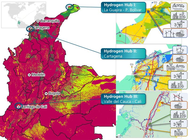 The “Power-to-X Colombia” study identifies potential locations for large-scale Power-to-X production: wind and solar parks, CO2 sources, water and infra-structure (power grids, roads, ports) are required.