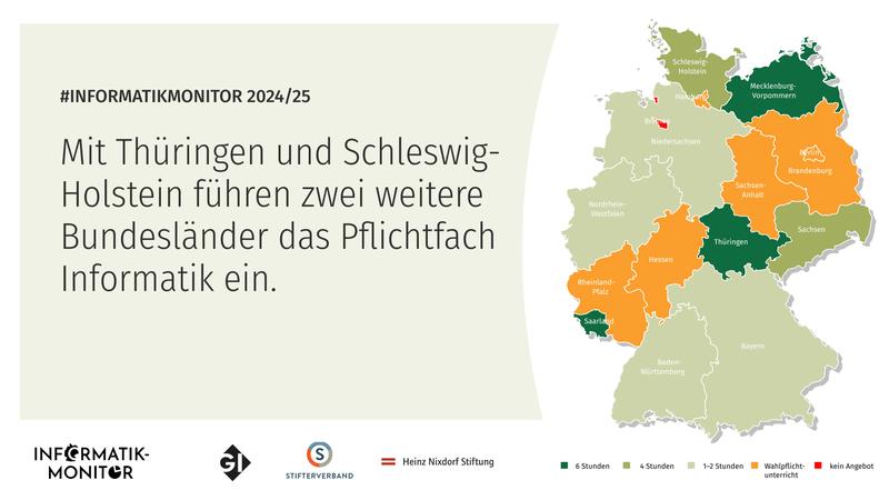 Die Deutschlandkarte des Informatik-Monitors macht die bundesweiten Unterschiede beim Pflichtfach Informatik deutlich. 