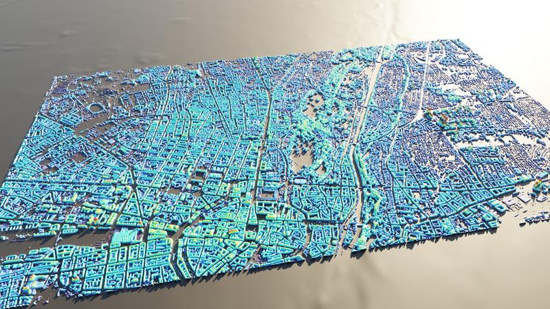 Michael Recla, ein Doktorand von Prof. Schmitt, erstellte mit Hilfe des SAR2Height-Verfahrens dieses Bild von München. Dazu hat er ein hochauflösendes SAR-Bild des deutschen TerraSAR-X-Satelliten verwendet und das Ergebnis in einem 3D-Viewer dargestellt 