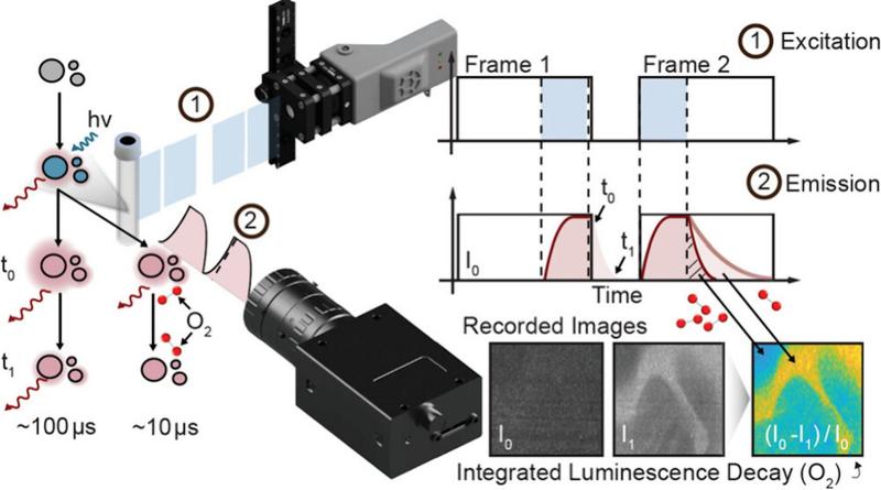 Der Aufbau der neuen Methode zur Messung der Lebensdauer von Lumineszenzfarbstoffen, der auf der Frame-Straddling-Technik basiert und eine einfache Umsetzung ermöglicht. 