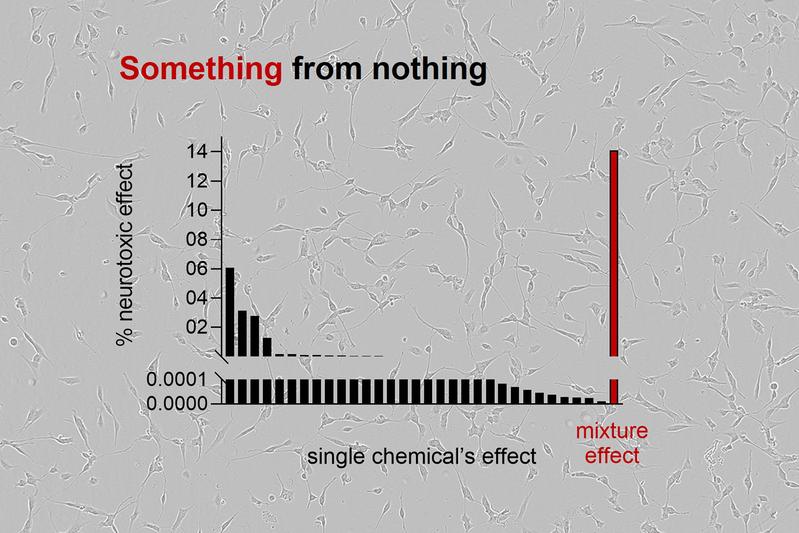 Verdeutlichung des "Something from nothing"-Phänomens. Die oft niedrigen Effekte der einzelnen in einer Probe nachgewiesenen Chemikalien summieren sich zu messbaren Mischungseffekten zusammen. 