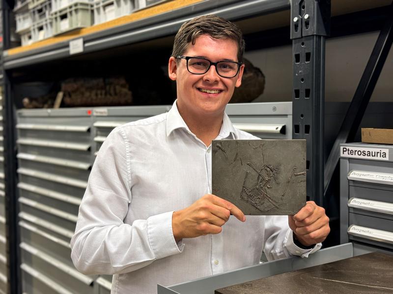 Dr. Samuel Cooper mit dem Fossil des Flugsauriers Dorygnathus in den Sammlungen des Staatlichen Museums für Naturkunde Stuttgart.