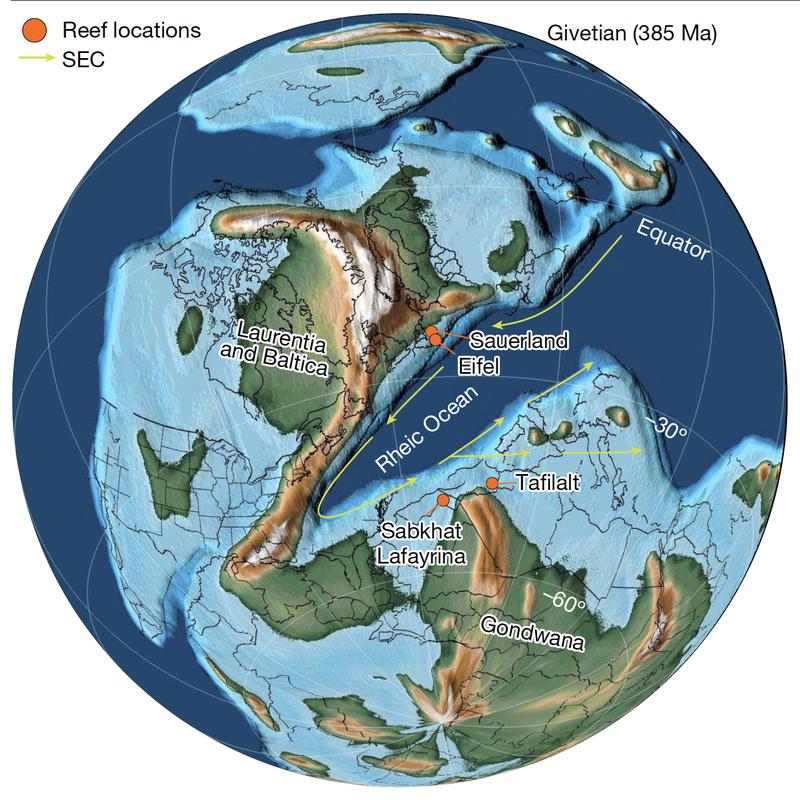 Erdgeschichtliche Rekonstruktion der Kontinente im mittleren Devon (Givet-Stufe vor ~385 Millionen Jahren). Markiert: Fundorte der untersuchten fossilen Korallen. Pfeile: Richtung des damaligen Südäquatorialstroms, einer permanenten warmen Meeresströmung.