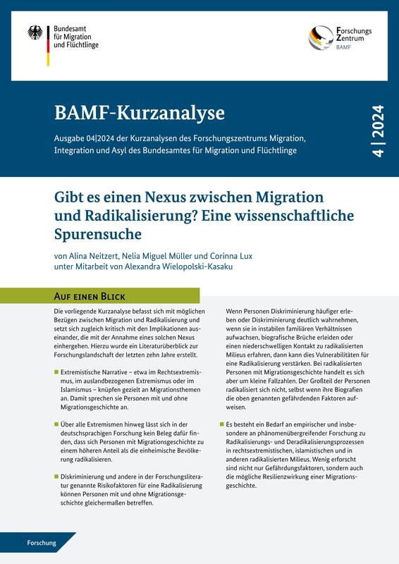 BAMF-Kurzanalyse 4|2024 "Gibt es einen Nexus zwischen Migration und Radikalisierung?"