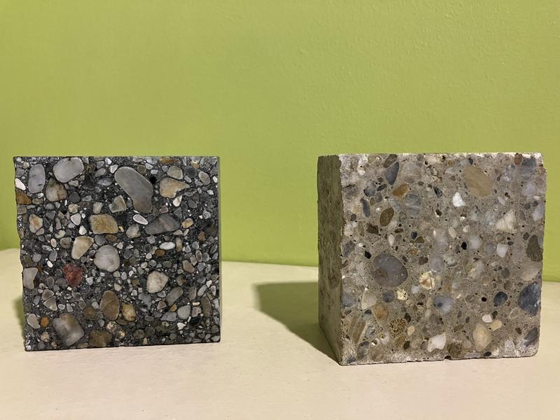 Beton mit und ohne Pyrokohle: Ein Teil Pyrokohle reduziert drei Teile CO2 des Gesamtprodukts.