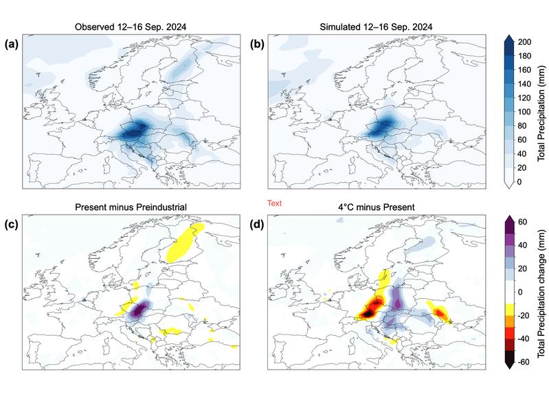 Niederschlagsmengen von Sturm „Boris“ vom 12. bis zum 16. September 2024 in (a) Beobachtungen und (b) Simulation (in Millimeter); Simululation bisheriger Klimawandel in (c), starke zusätzliche Erwärmung in (d)