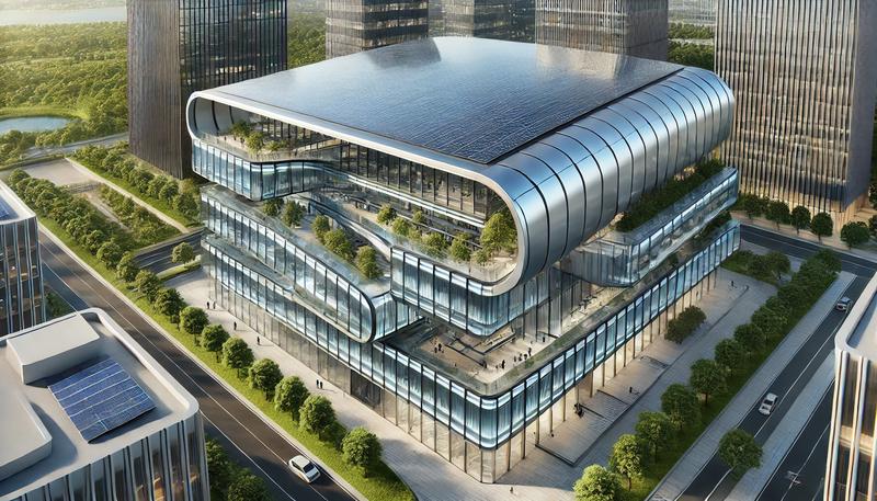 Futuristic building with perovskite solar cells on roof and integrated organic photovoltaic on curved facades