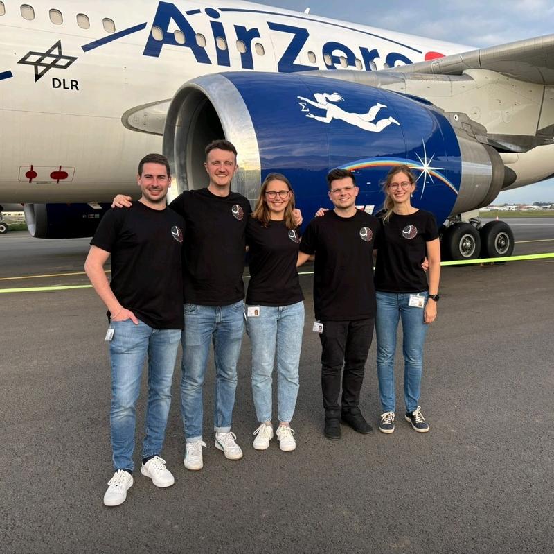 •	Das Team von NeurO2flight vor dem Test-Flugzeug (v.l.n.r.): Tim Dieterle (DHBW), Jason Fis-her, Constance Badalí, Sebastian Schmidt (DHBW) und Carmen Possnig.