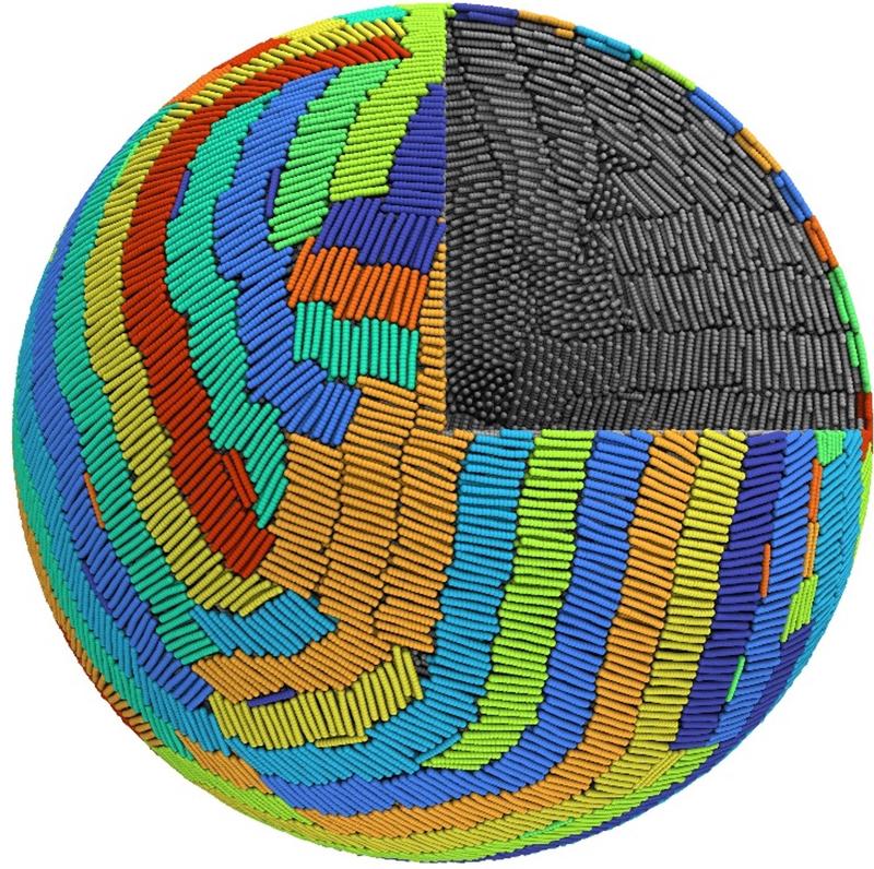 Simulation of the synthesis of a supraparticle made of nanorod-shaped particles. The assembly of the supraparticle was controlled in such a way that organized bundles of particles are formed internally, leading to increased regularity of arrangement.