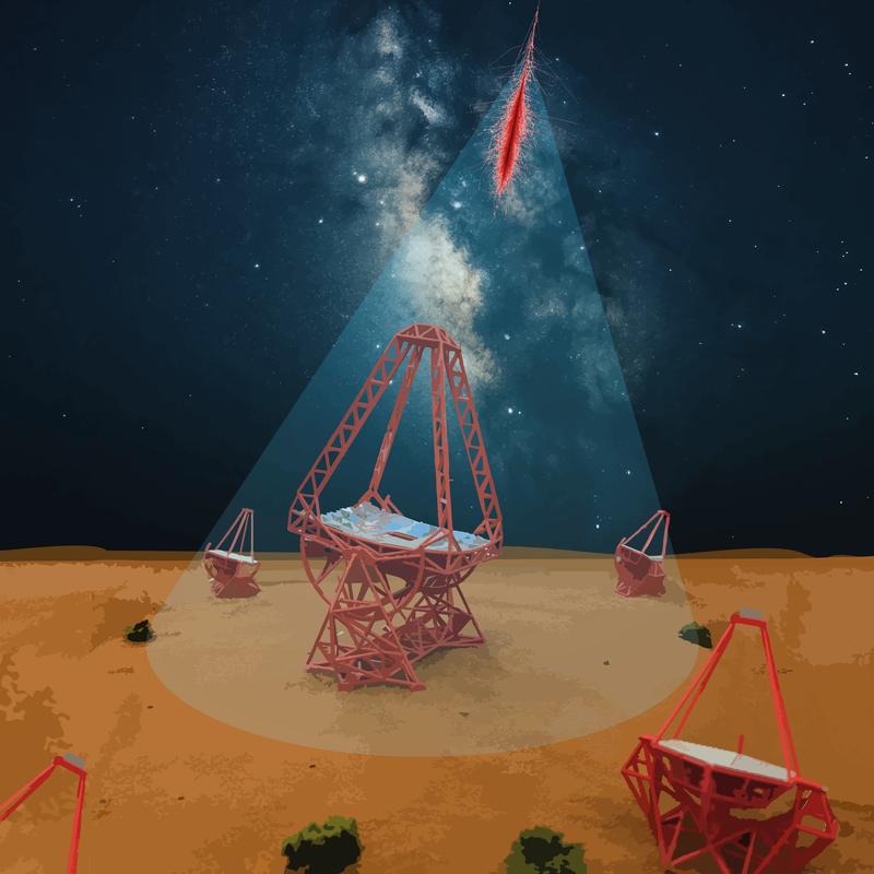 Abb. 1: Visualisierung der H.E.S.S.-Teleskopanordnung zur Erfassung der Teilchenschauer, die von hochenergetischen kosmischen Elektronen und Positronen sowie von Gammastrahlen erzeugt werden. 