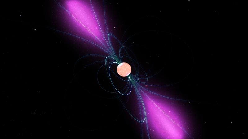 Abb. 2: Künstlerische Darstellung eines rotierenden Pulsars mit seinem starken Magnetfeld, das sich mit ihm dreht. Wolken geladener Teilchen bewegen sich entlang der Feldlinien und ihre Gammastrahlen werden wie ein Leuchtturmlicht ausgestrahlt.