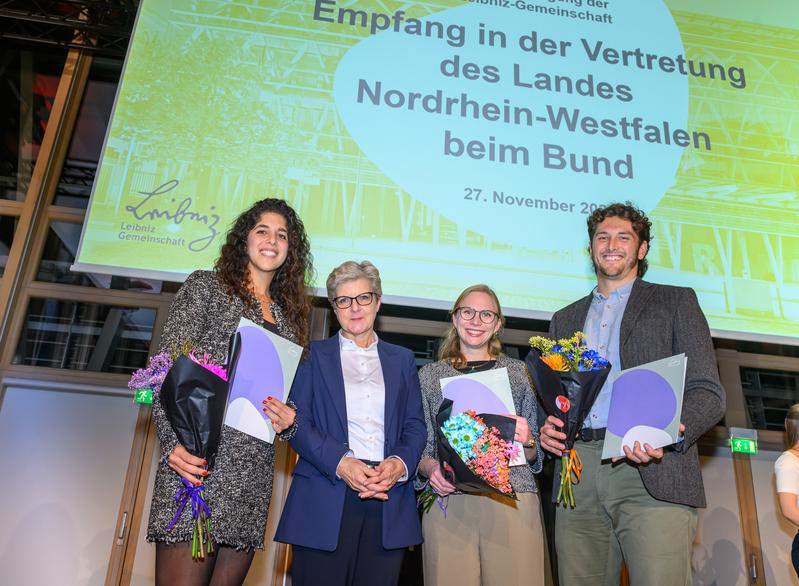  This year's winners of the Leibniz Association Doctoral Prize together with President Martina Brockmeier (from left: Dr. Hana Attia, Prof. Dr. Martina Brockmeier, Dr. Sara Kopf and Dr. Maximilian Kotz. 