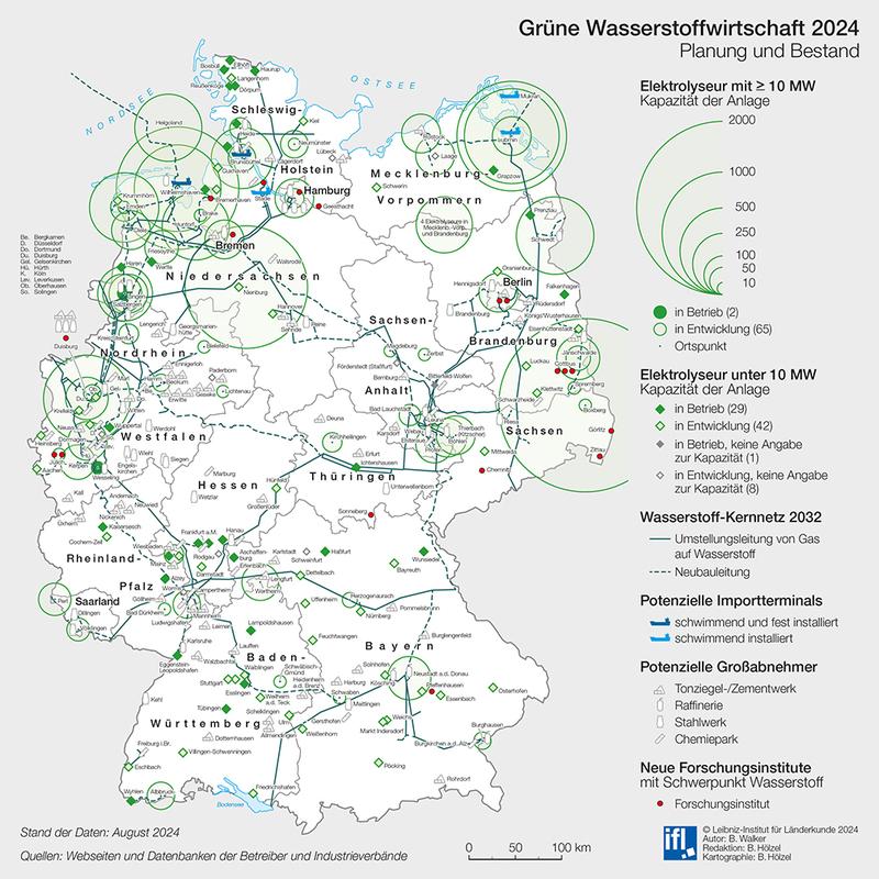 Deutschlandkarte: Grüne Wasserstoffwirtschaft 2024 – Planung und Bestand