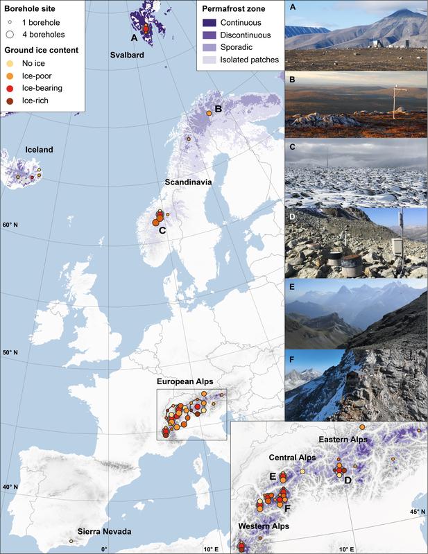 Übersicht der ausgewerteten Standorte in europäischen Permafrostgebirgen. 