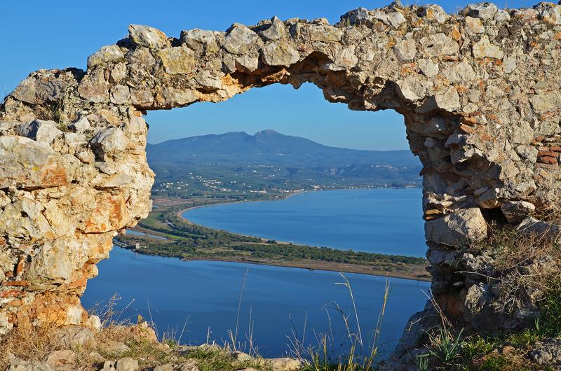 Navarino, southern Greece. View through the ruins of a destroyed fortress overlooking the bay of Navarino and the lagoon of Gialova, which is an important paleoecological archive.