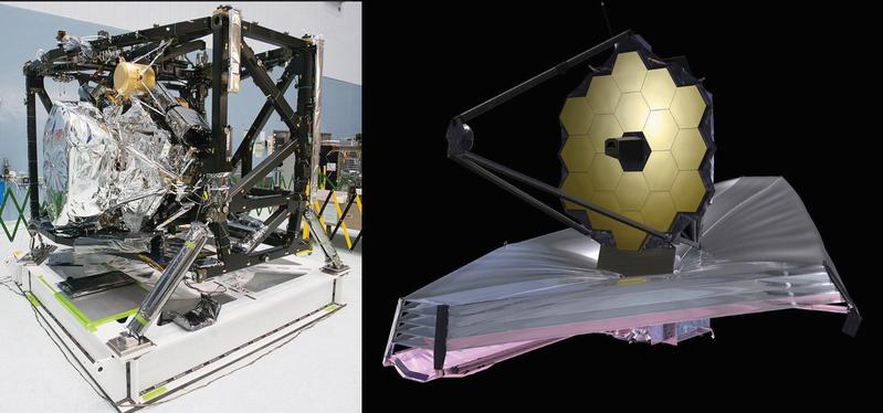 Das MIRI-Instrument im Inneren des JWST Modules (ISIM). MIRI ist das silberfarbene Element auf der linken Seite des ISIM, der schwarzen Struktur im Bild (links). James Webb Space Telescope (JWST) mit seinem Hauptspiegel von 6,50 m Durchmesser (rechts).