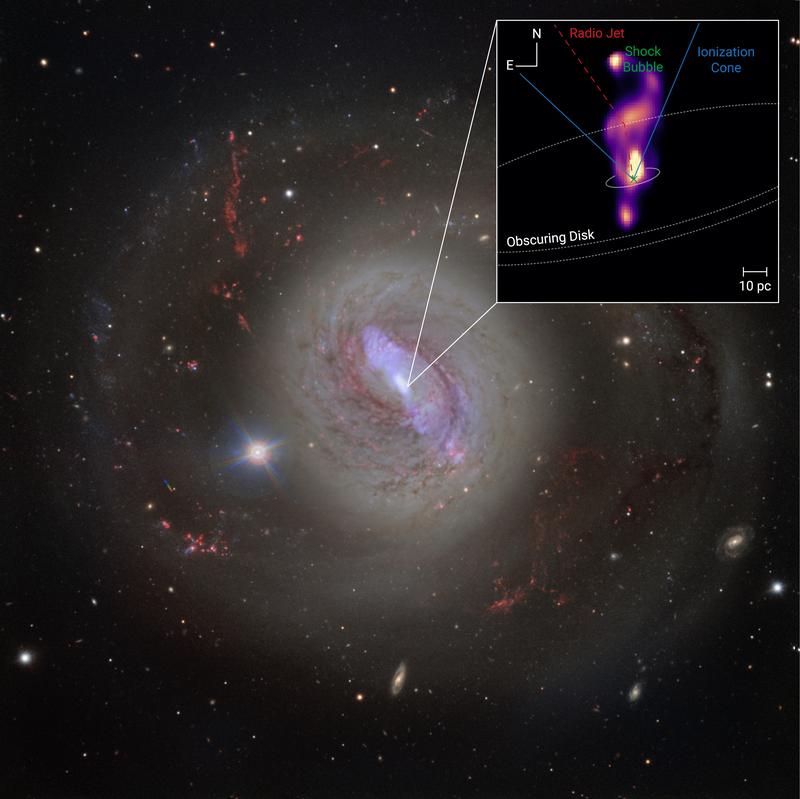 Ein optisches Bild der Spiralgalaxie NGC 1086 (Messier 77), überlagert mit einem eingeblendeten Bild, das mit dem Large Binocular Telescope Interferometer (LBTI) bei thermischen Infrarotwellenlängen (8,7 Mikrometer) aufgenommen wurde.