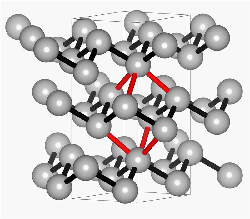 Schematische Darstellung der Kristallstruktur von Antimon in seiner stabilen alpha-Phase.