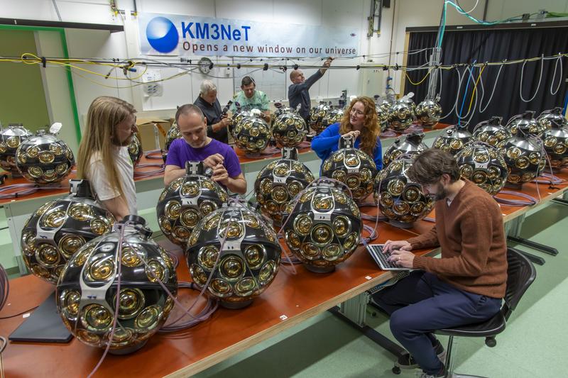 An assembly of digital optical modules which later become a part of the KM3Net neutrino telescope in the Mediterranean Sea.