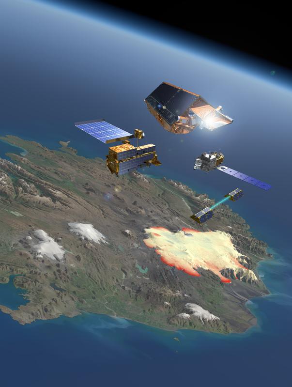 A fleet of satellites has been used to monitor glaciers worldwide using optical, radar, laser and gravity measurements. From top: CryoSat, Terra, ICESat, and the twin GRACE spacecraft.