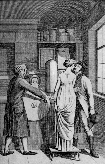 Der "elektrische Kuss" war ein beliebtes Spiel der feinen Gesellschaft um 1750. Dazu wurde eine junge Dame elektrostatisch aufgeladen - die hier sichtare Elektrisiermaschine stand meist verborgen in einem Nebenzimmer.  (SFB 482 Ereignis Weimar-Jena)