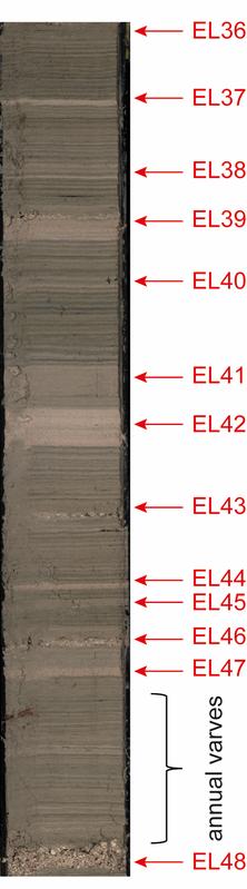 The analyzed drill core from a depth of 100-140 centimeters shows the greenish-gray, fine-grained marine sediments with annual layering. A total of 13 coarse-grained event layers (tempestites, EL36 to 47) stand out compared to the fair-weather sediments.