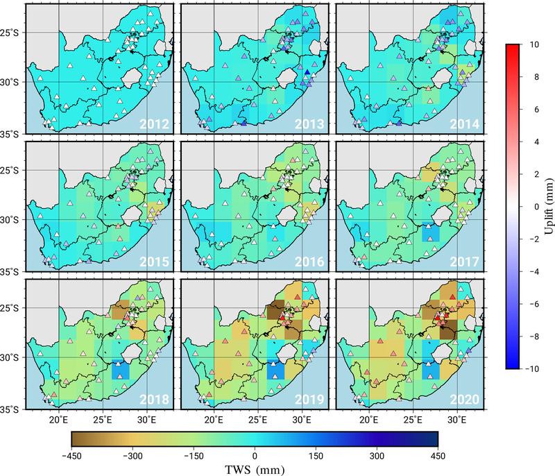 The graph shows the water losses and gains in South Africa between 2012 and 2020. The browner the region, the higher the water loss. The triangles represent GPS stations. A red triangle means that this station has risen in height since 2012. 